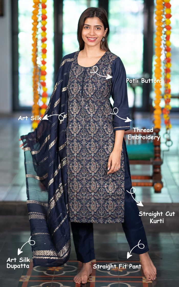 Navy Blue Kalamkari Printed Straight Kurta set with Dupatta